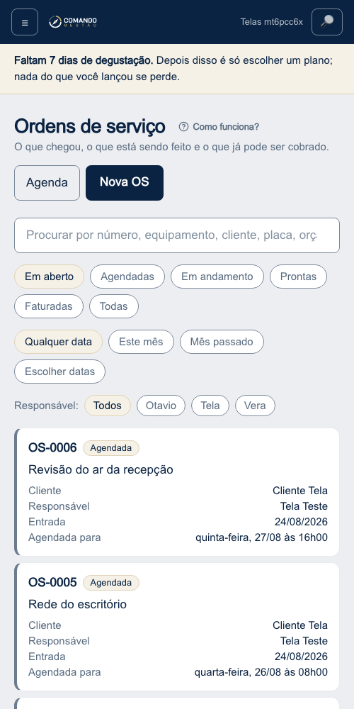 A lista de Ordens de serviço, com o cliente, o responsável e a data agendada de cada atendimento